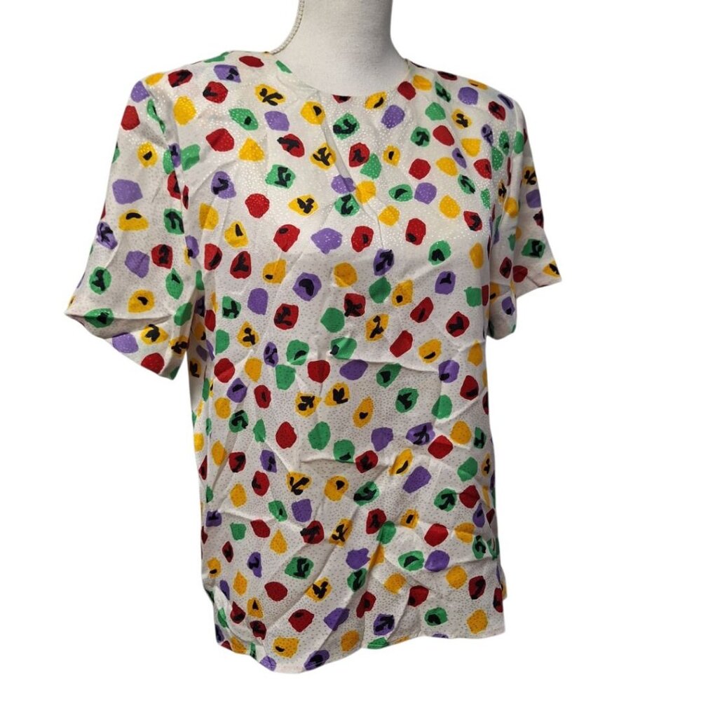 Eva Laurel New York Shoulder Pads Vintage Blouse Womens 10 USA‎ Colorful Polka